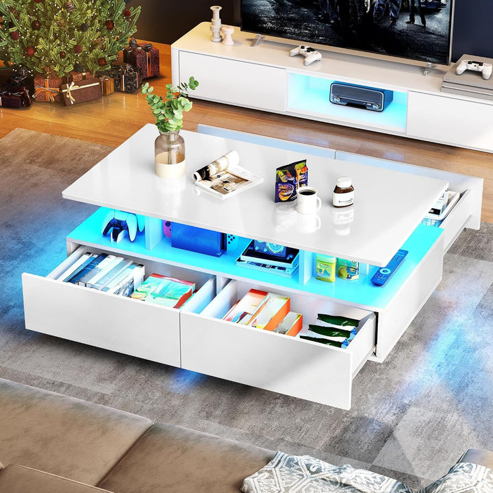 YITAHOME Couchtisch Weiss, Wohnzimmertisch Hochglanz mit 16-Farbiger LED Beleuchtung Modern, Beistel