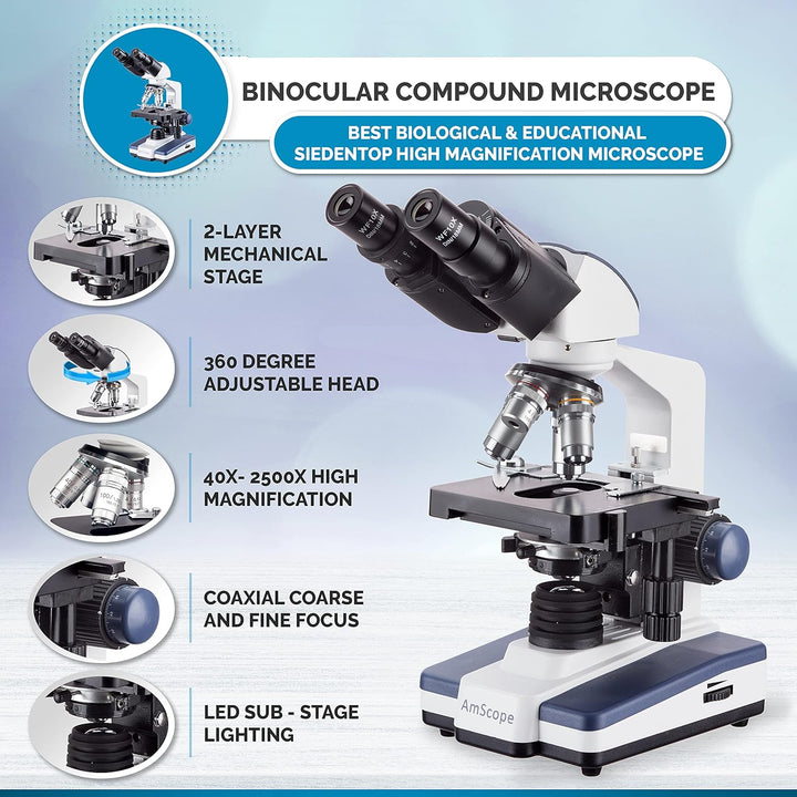 AmScope B120C-50P100S-10M 40X-2500X LED-Fernglas-Verbundmikroskop mit 50 Stück Leer Folien und 10-Me
