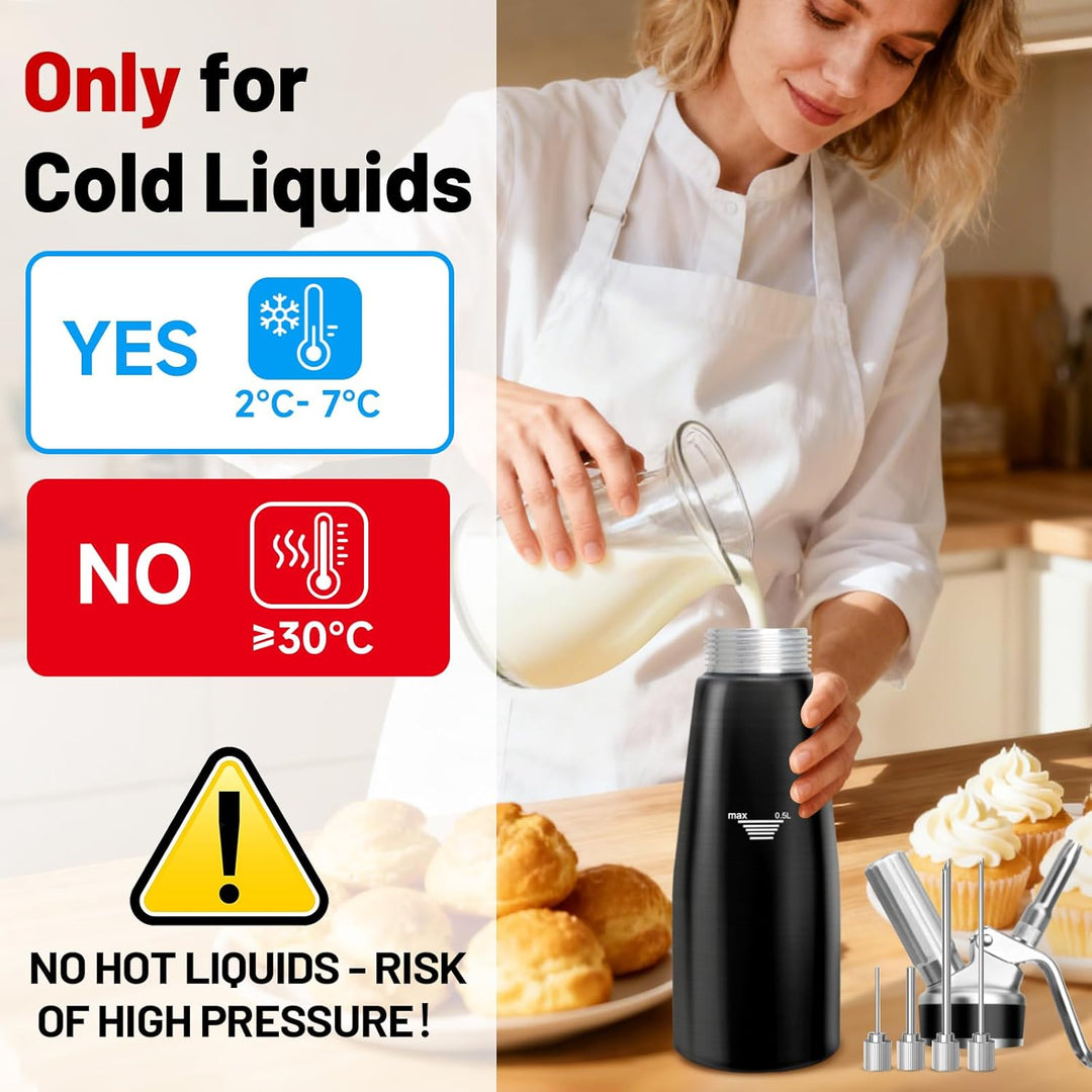Sahnespender,Sahnesyphon Aluminium 500ml für Schlagsahne,Cremes,Desserts und Sossen mit 3 Edelstahl