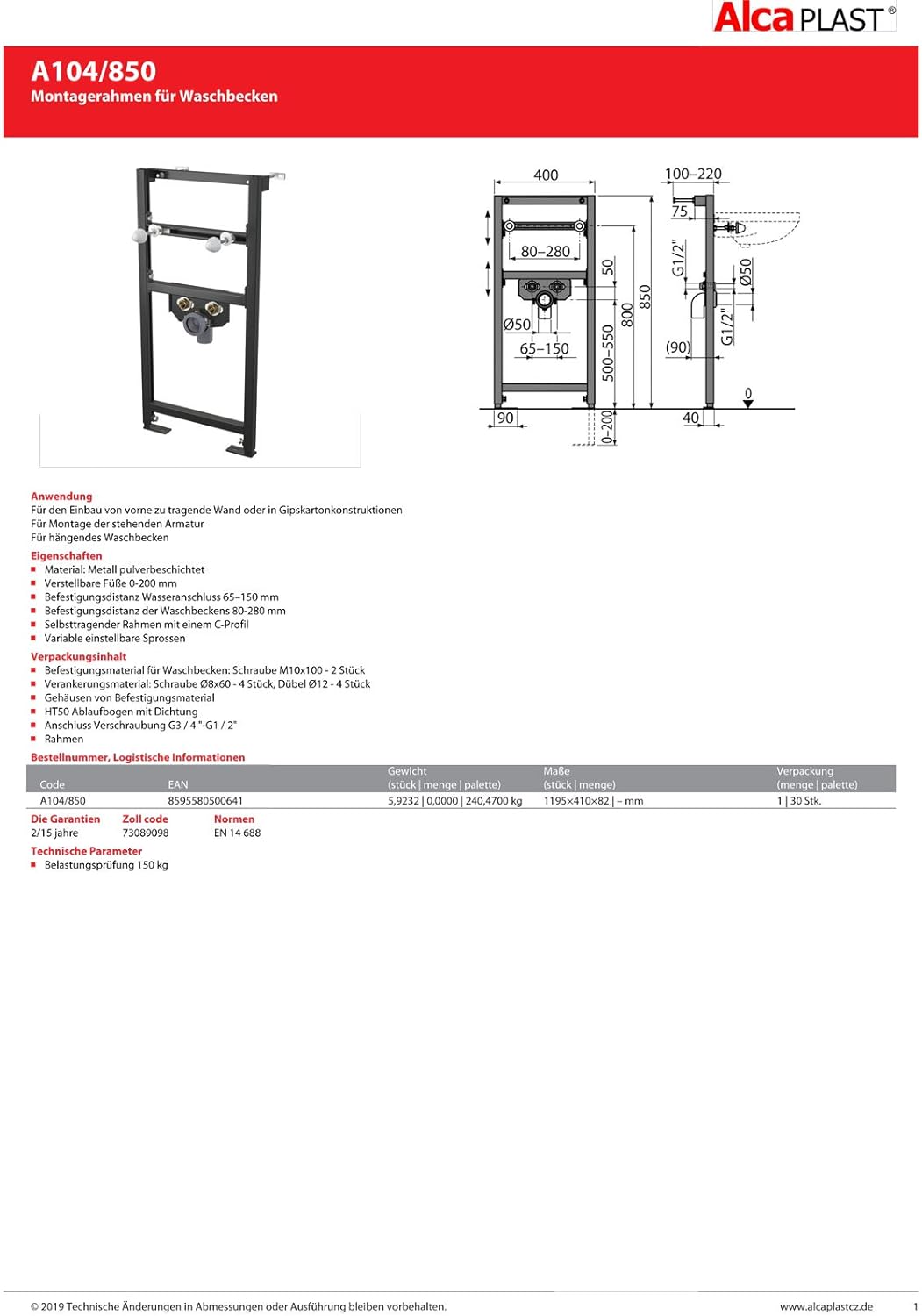 Alcaplast Waschtisch Vorwandelement 85 cm Einbauelement Waschbecken