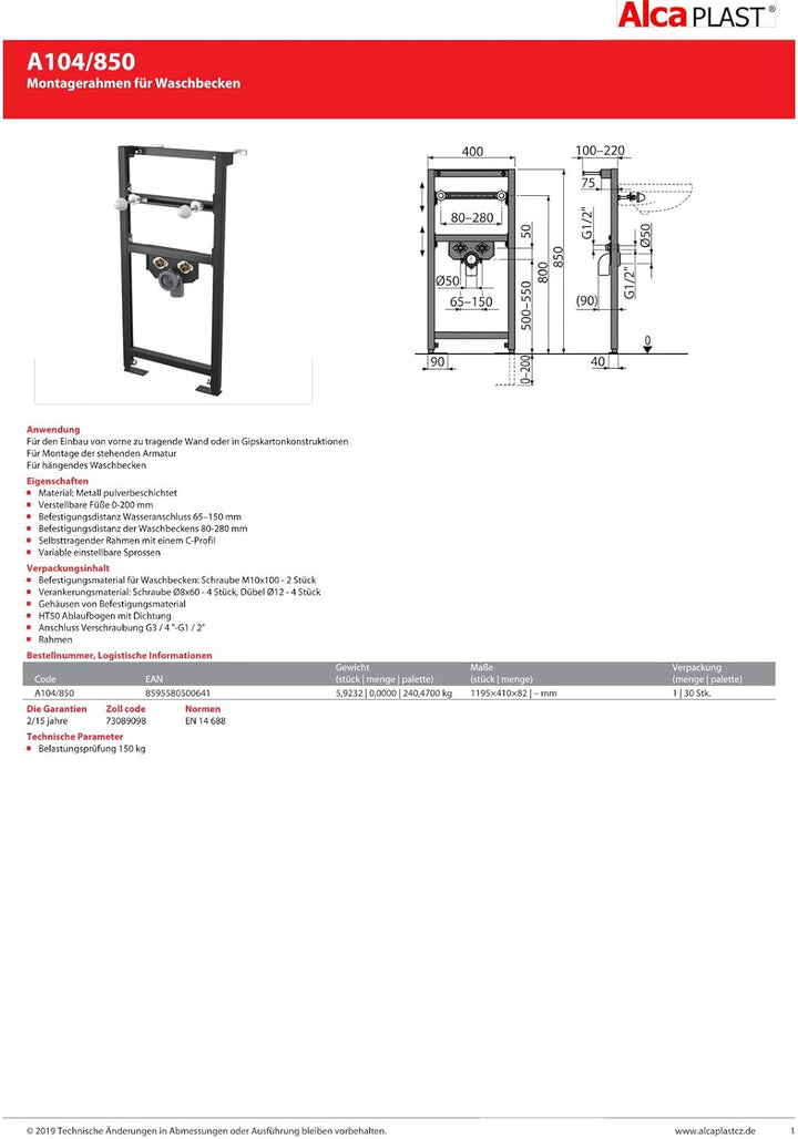 Alcaplast Waschtisch Vorwandelement 85 cm Einbauelement Waschbecken