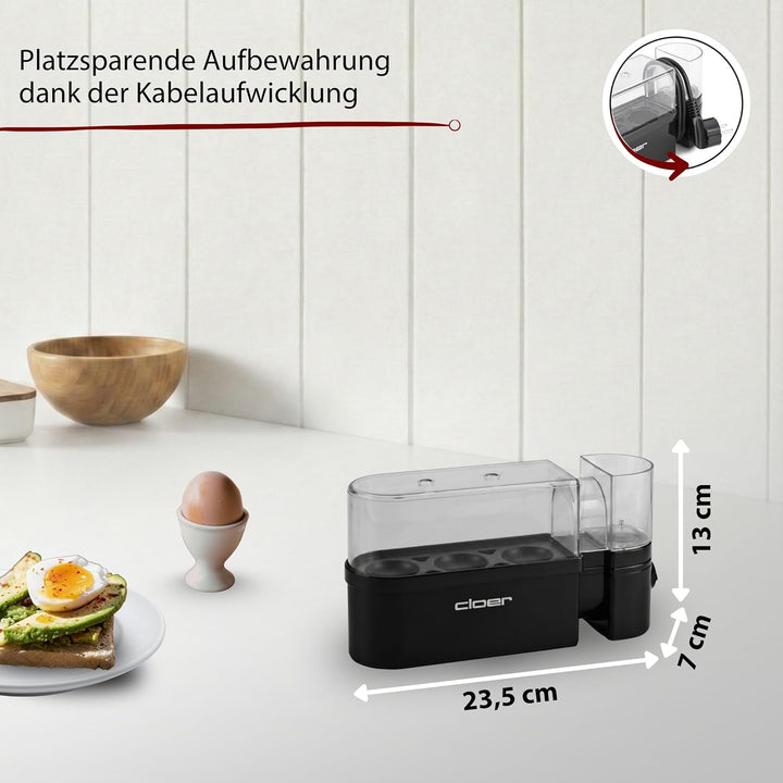 Cloer 6020 Eierkocher, bis zu 3 Eier, herausnehmbarer Eierträger, Servierfunktion, 300 Watt, Kunstst