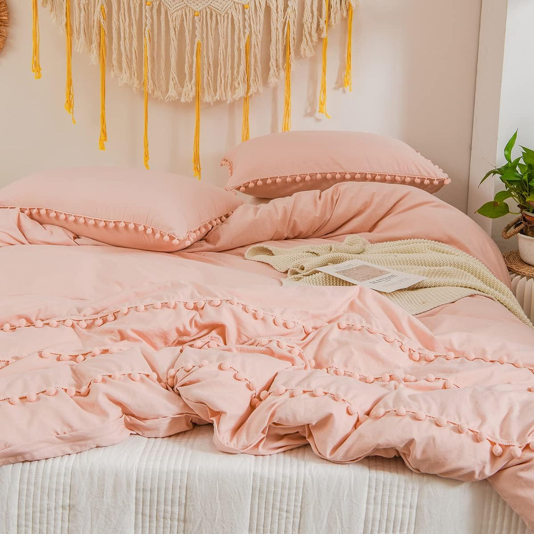 Freyamy Böhmen Bettwäsche 135x200cm 2teilig Hellrosa Rosa Pom Pom Boho Chic Bettwäsche Gewaschene Mi