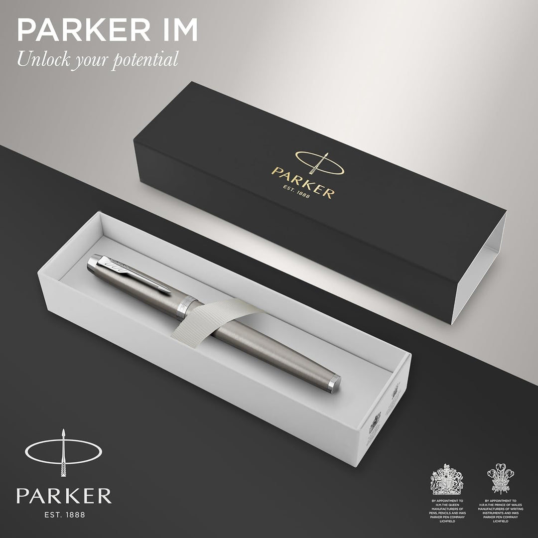Parker IM Füller | Edelstahl mit Chrom-Zierteilen | Füllfederhalter mit mittlerer Feder und blauer T