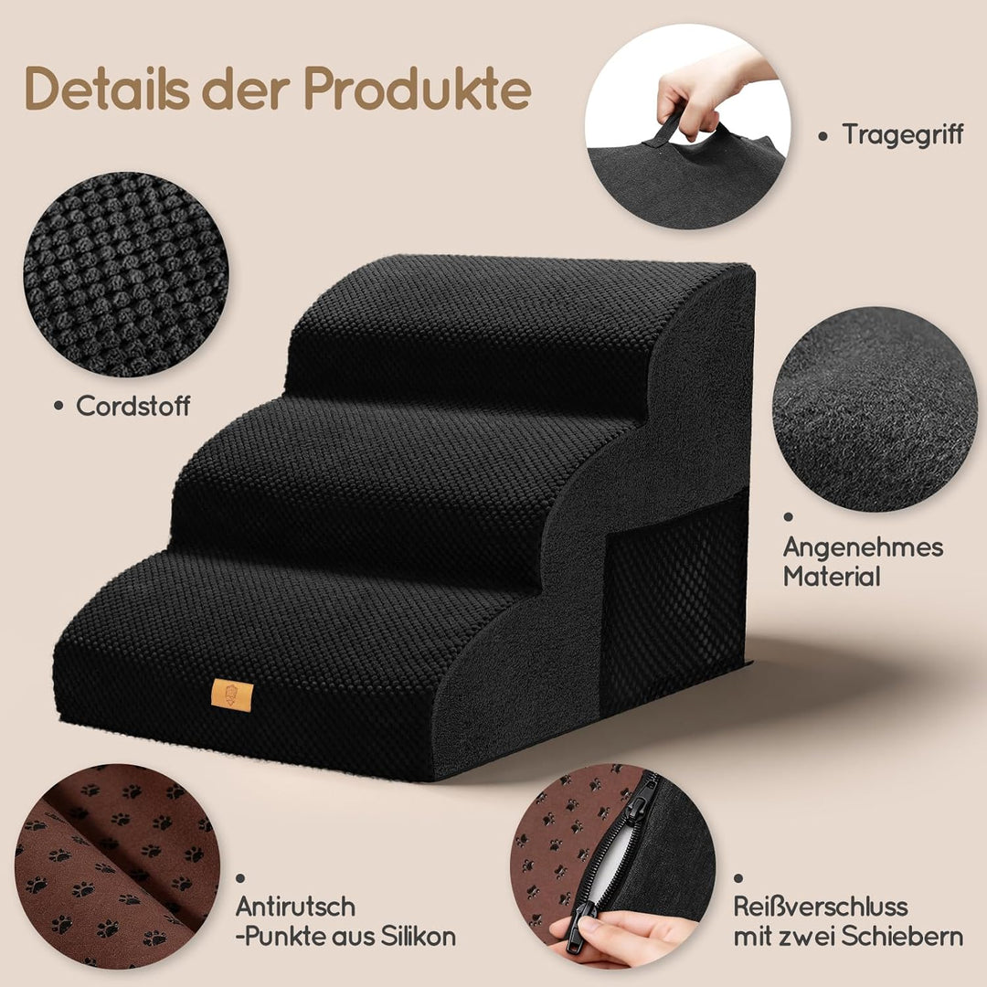Thihome Hundetreppe für Kleine Hunde, Haustiertreppe 3 Stufen, Hochdichtem Schwamm Hundetreppen 40cm