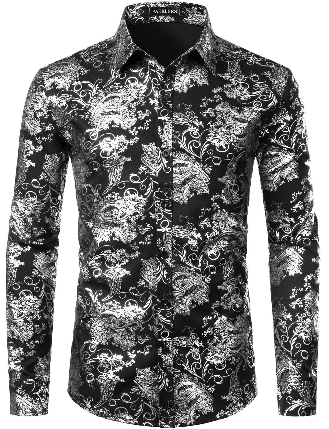 PARKLEES Herren Luxus Paisley Gemustert Golden Glänzend Slim Fit Freizeithemd M Schwarz Silber, M Sc