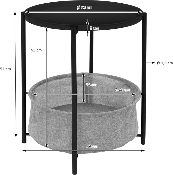 ML-Design Beistelltisch rund Ø46xH51 cm Schwarz, aus Metall, Couchtisch mit Stoffkorb &amp; abnehmbarer