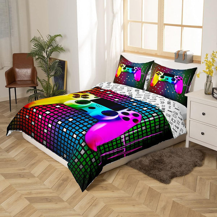 Tbrand Buntes Gamepad Bettwäsche Set 135x200cm Geometrisches Gitter Bettbezug Set Kinder Jungen Mädc
