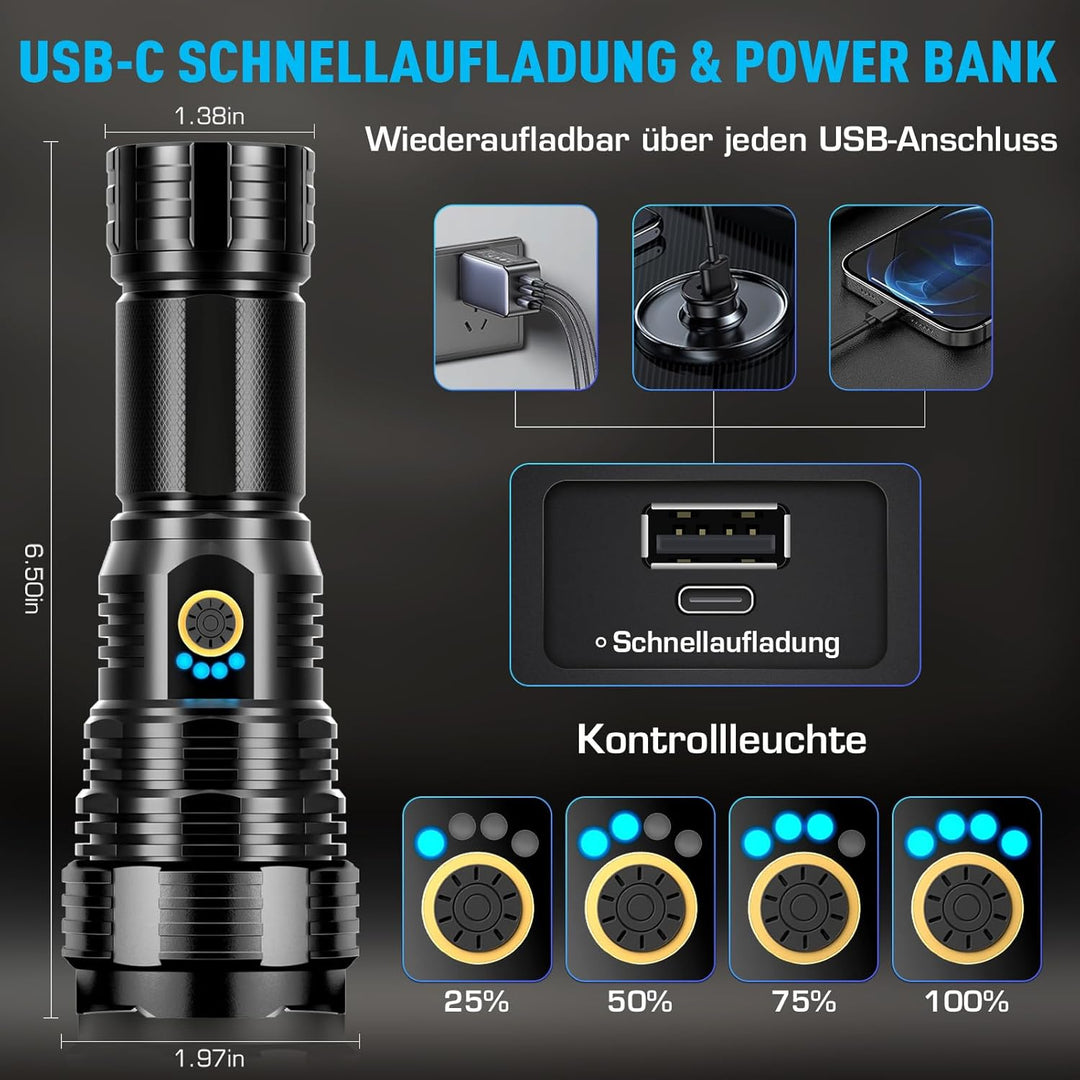 Glarylight Taschenlampe LED Aufladbar 500000 Lumen, LED Taschenlampe Extrem Hell XHP70.2 Taschenlamp