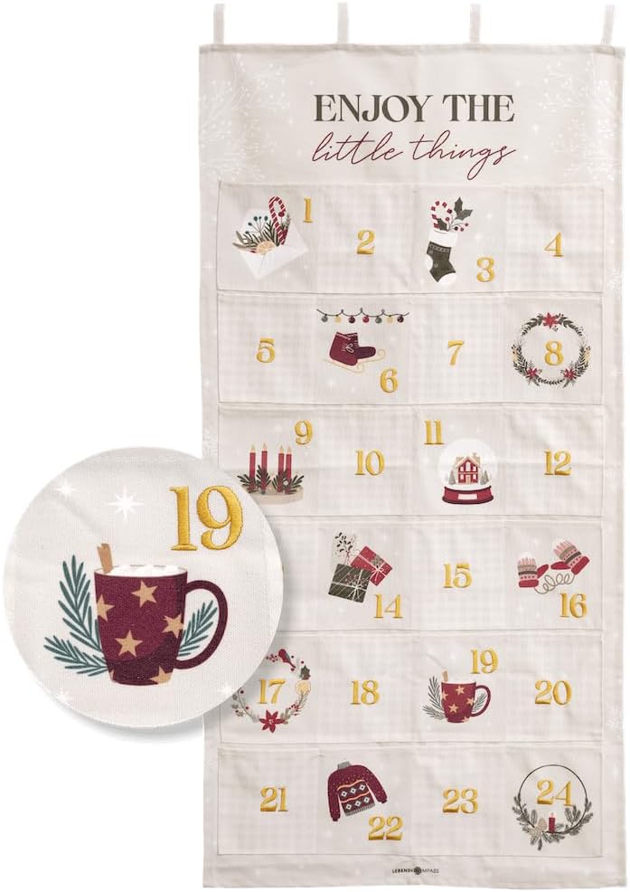 Lebenskompass® Adventskalender zum Befüllen aus Stoff - Wandteppich mit 24 grosse Taschen - Stilvoll