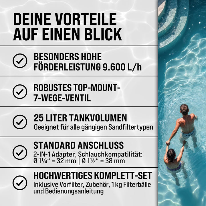 MONZANA® Sandfilteranlage SF96K 9.600L/h bis 30.000L Pool inkl Filterbällen 7 Wege Ventil 2in1 Adapt