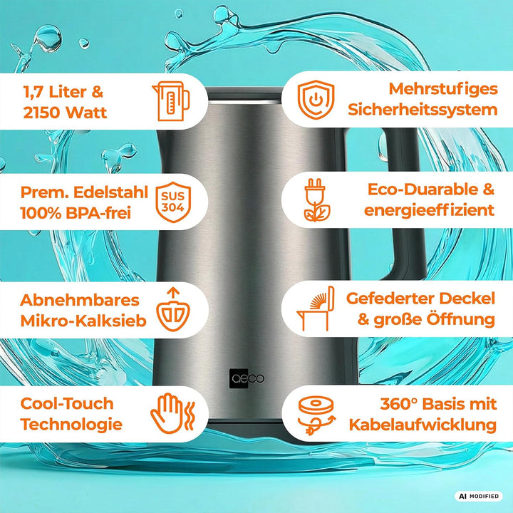 aeco AQA NEO elektrischer Wasserkocher Edelstahl Tee-Kocher Teebereiter electric kettle tea-maker bo