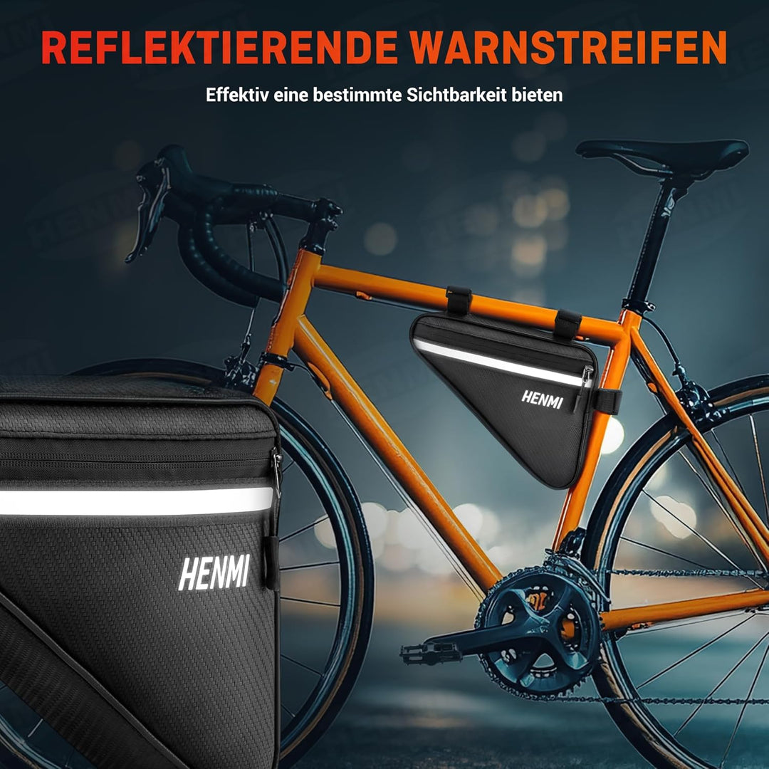 HENMI Fahrradtasche Rahmen, Dreieckstasche Fahrrad Wasserdicht Reflektierend, Rahmentasche für Handy