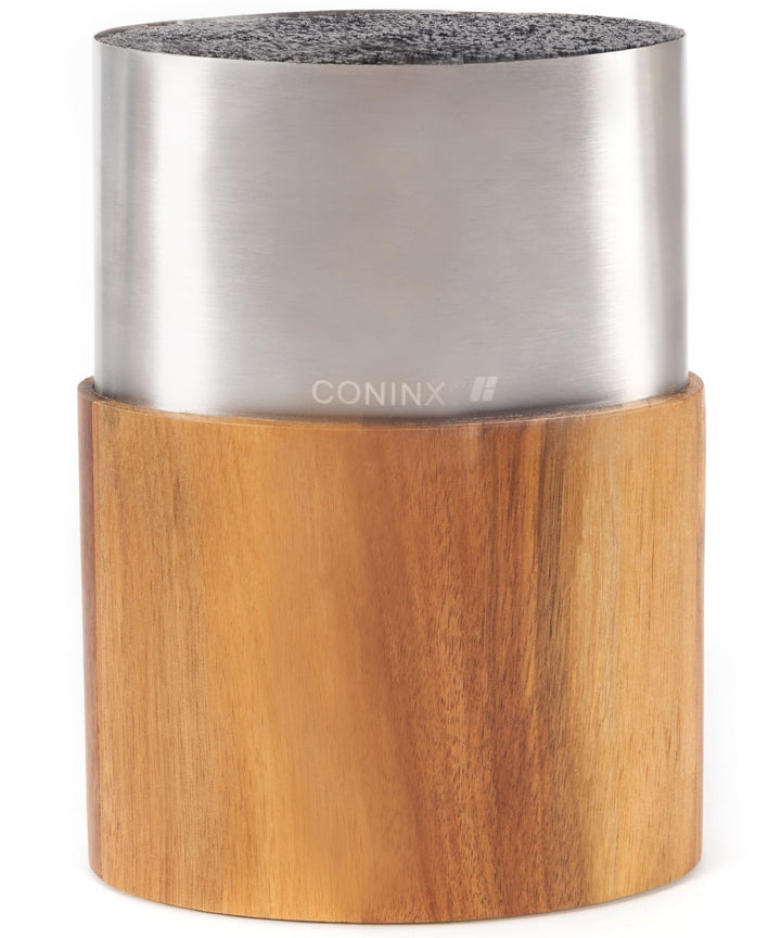 Coninx Messerblock Edelstahl Oval mit Akazieneinsatz – Moderner Universal Messerhalter für Küchenarb