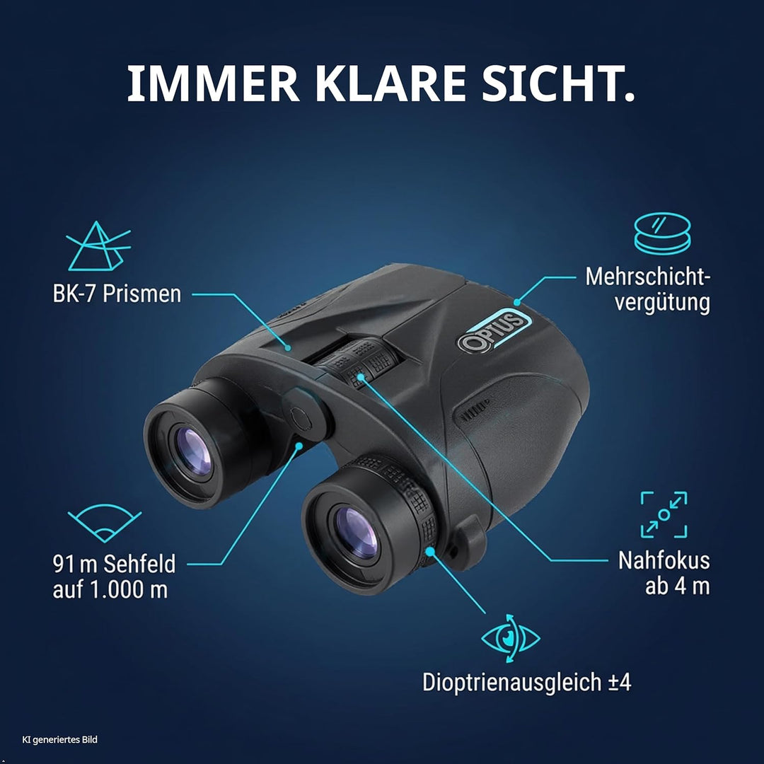 Optus 10x25 Fernglas kompakt mit 10 Fach Vergrösserung, Reverse Porro, BK 7 Glas, Mehrschichtvergütu