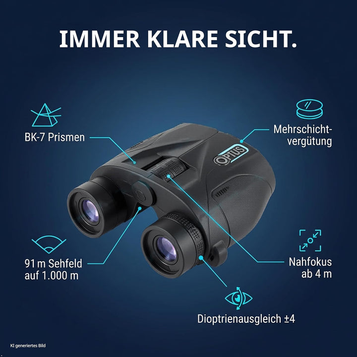 Optus 10x25 Fernglas kompakt mit 10 Fach Vergrösserung, Reverse Porro, BK 7 Glas, Mehrschichtvergütu