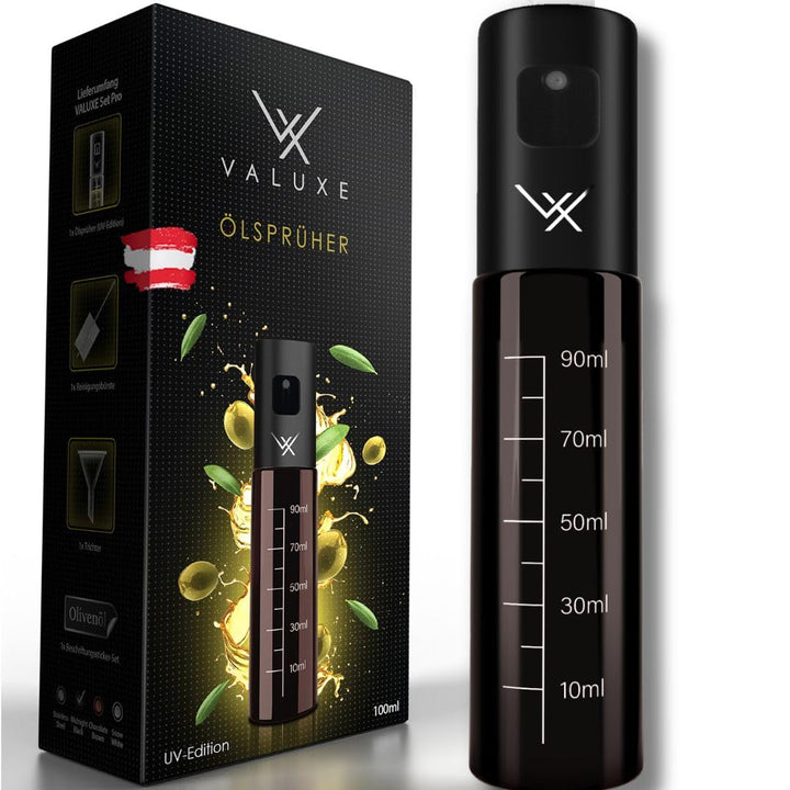 VALUXE® Ölsprüher für Speiseöl und Essig mit UV-Schutz Glas & Sprühfilter - Edelstahl Öl-Sprühflasch