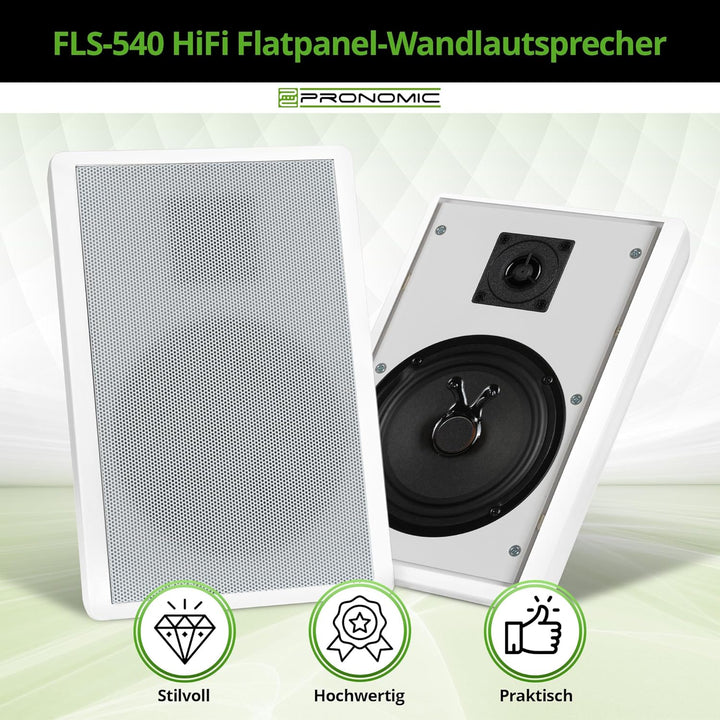 Pronomic FLS-540 WH Flatpanel Wandlautsprecher Boxen Paar (HiFi Flachlautsprecher, 2-Wege Box, 5,25"
