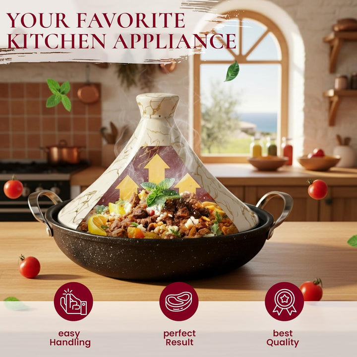 Royal Swiss Tajine 38 cm – Edelstahl mit Keramikdeckel & Dampfventil | Für Induktion, Gas, Ofen & Mi