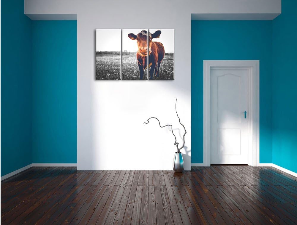 Pixxprint Kuh auf Butterblumenwiese als Leinwandbild/Grösse: 3 Teilig (120x80 cm) cm/Wandbild/Kunstd