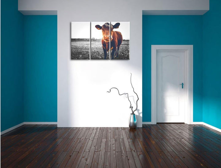Pixxprint Kuh auf Butterblumenwiese als Leinwandbild/Grösse: 3 Teilig (120x80 cm) cm/Wandbild/Kunstd