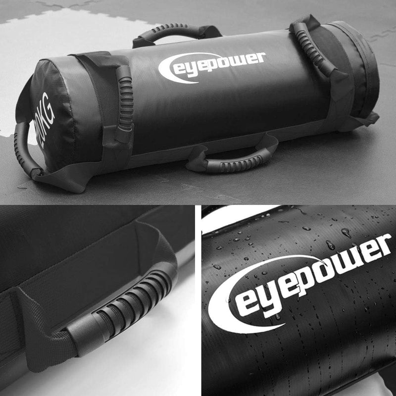 EYEPOWER 20kg Power Bag + 4 Kettlebell Gewichte - Befüllt mit Eisensand - Besser als Geräte: 6 Griff