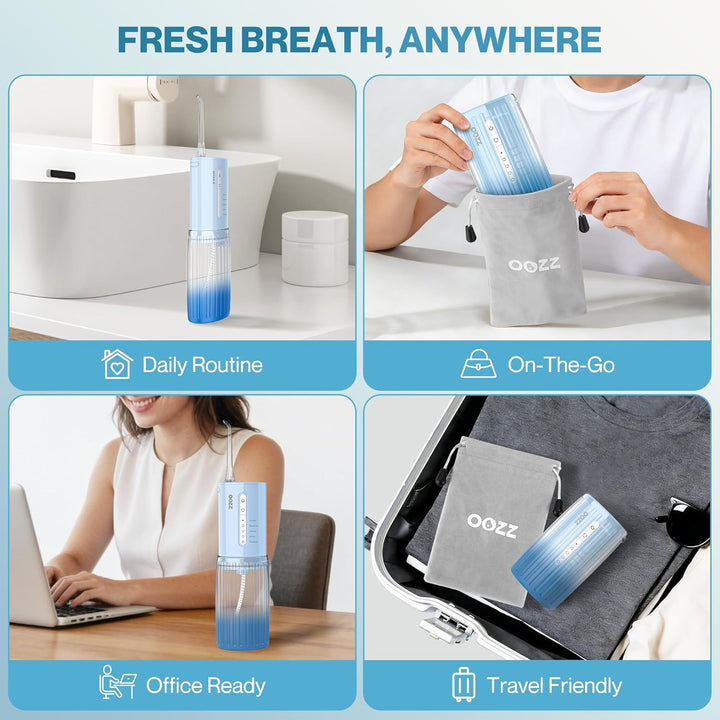 OOZZ Travel Water Flosser, Schnurlose Taschenmunddusche, 5 Druckmodi, 6 Strahlspitzen, USB-wiederauf