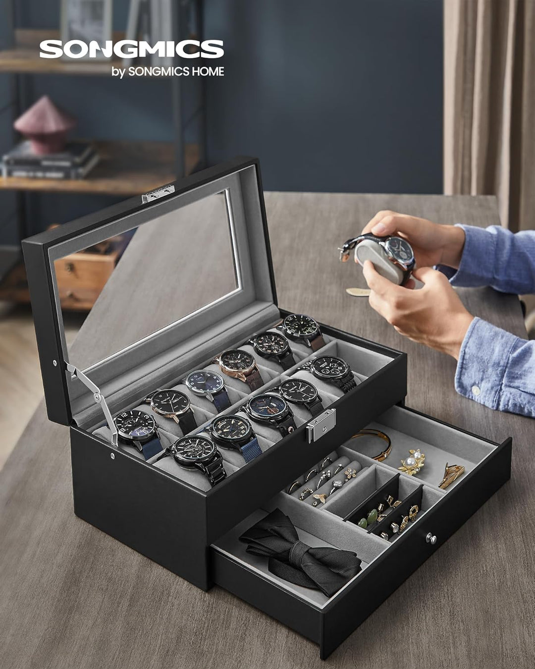 SONGMICS Uhrenbox, Uhrenkoffer, Glasdeckel, 2-stöckige Schatulle, 12 Uhren, abschliessbar, 1 Schubla