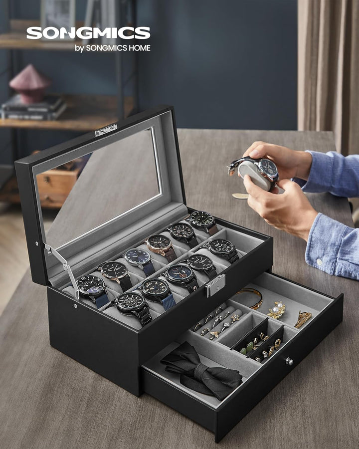 SONGMICS Uhrenbox, Uhrenkoffer, Glasdeckel, 2-stöckige Schatulle, 12 Uhren, abschliessbar, 1 Schubla