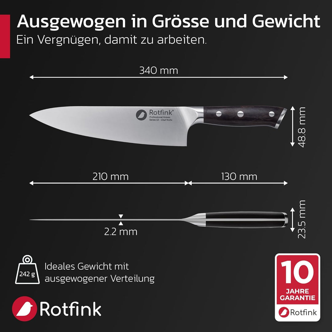 Kochmesser 21 cm, Profi Küchenmesser scharf, Chefmesser, Fleischmesser, Edelstahl 56-58 HRC, ergonom