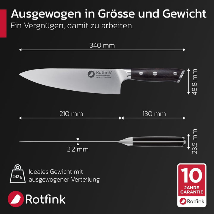 Kochmesser 21 cm, Profi Küchenmesser scharf, Chefmesser, Fleischmesser, Edelstahl 56-58 HRC, ergonom