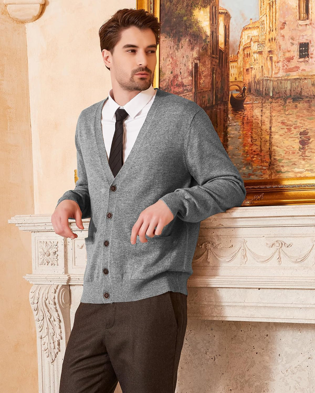 Kallspin Herren Strickjacke aus Wollmischung V-Ausschnitt Cardigan mit Knopfverschluss und Taschen H