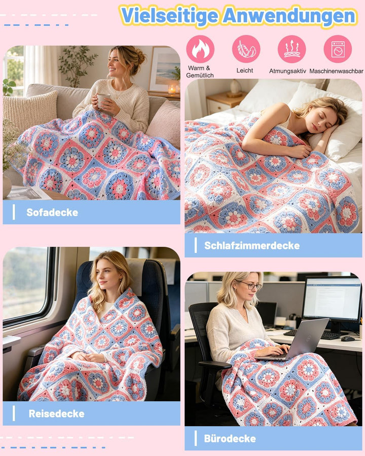 Coopay Granny Square Häkelset für Anfänger Profis, Komplettes Häkelset für Decke Häkeln, Häkel Set m