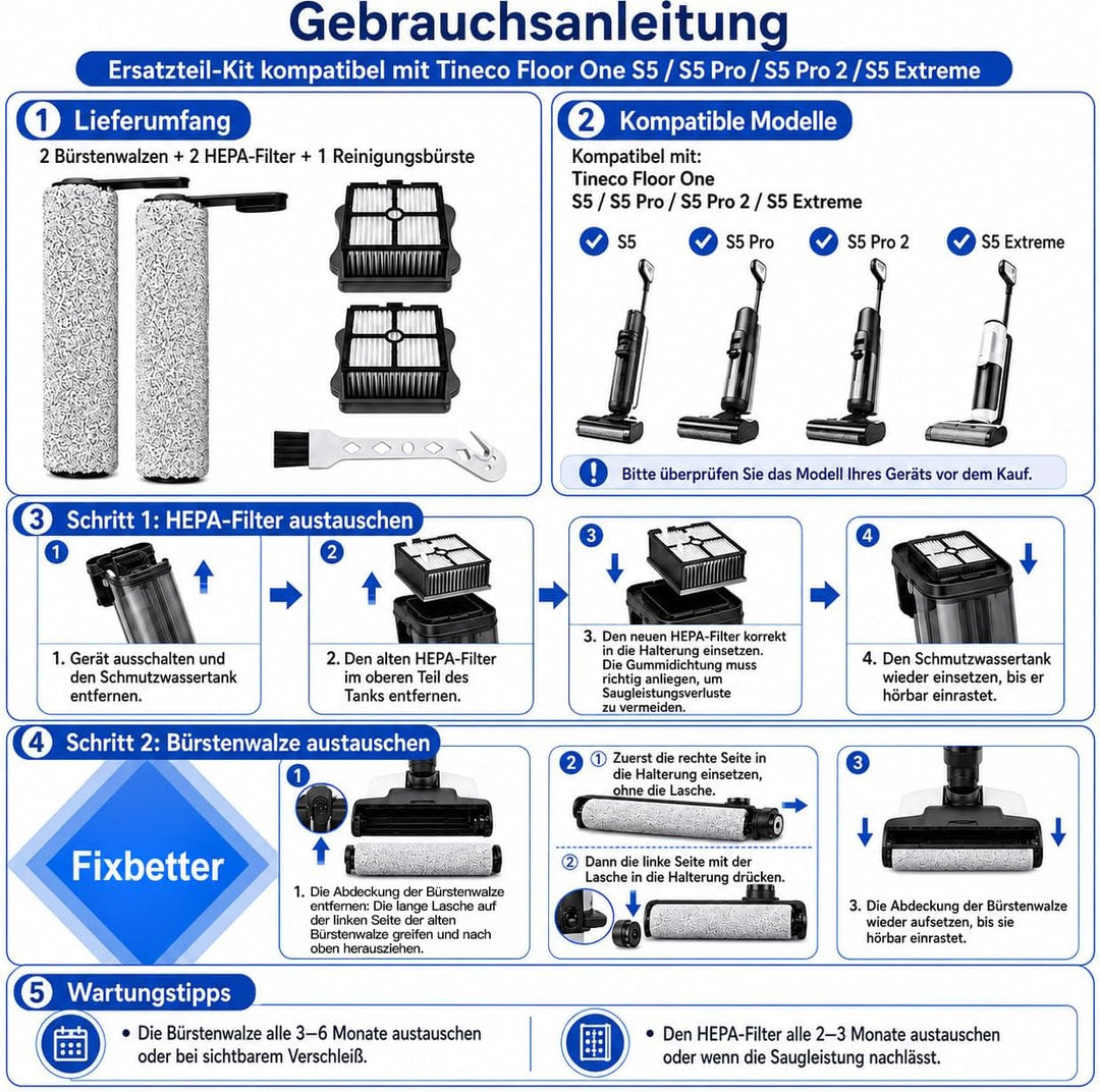 Fixbetter Zubehörset für Tineco Floor One S5 / S5 Pro / S5 Pro 2 / S5 Extreme Nass-Trocken All-in-On