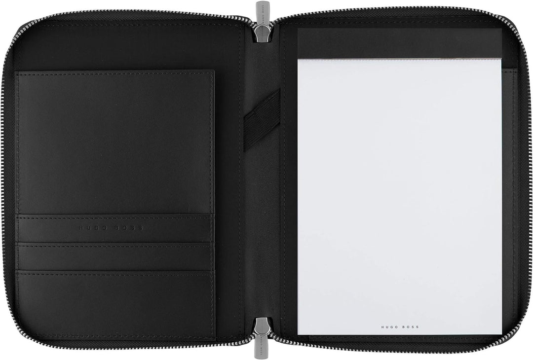 Hugo Boss A5 Konferenzmappe Zip Contour Schwarz Leder Reisverschluss, HTM005A