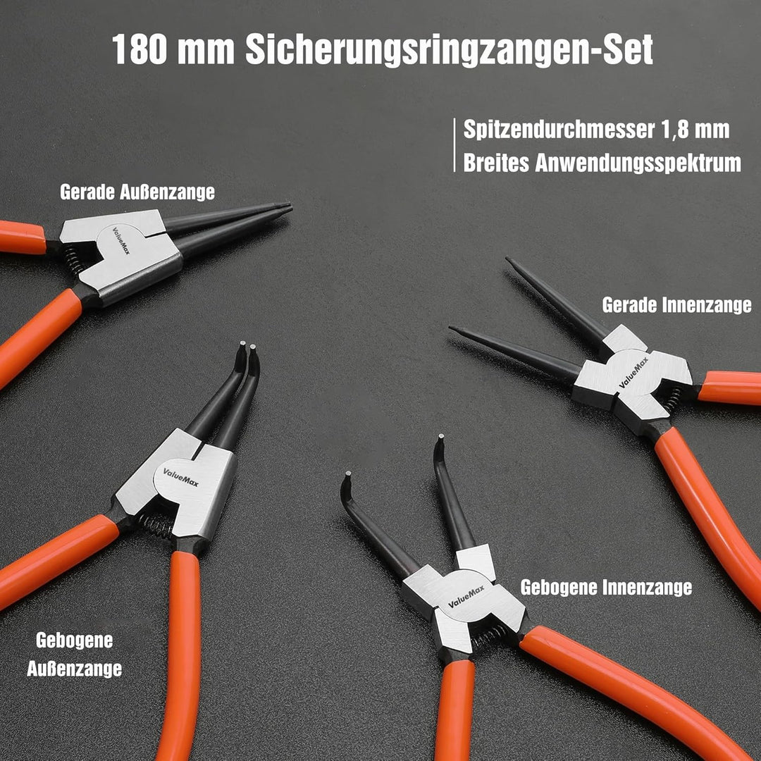 ValueMax Sprengringzangensatz 4tlg.,Sicherungsringzange Set 180mm mit Tasche, für Innen- und Aussens