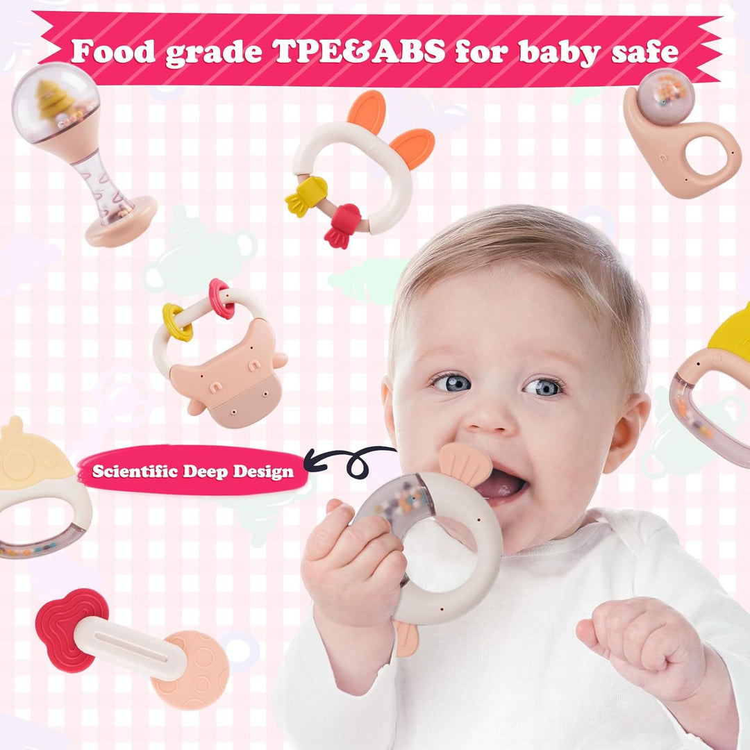 Rassel Beissring Set, 10PCs BPA_frei Silikon Baby Spielzeug, Rasseln Beissring für Babys 0-9 Monate,