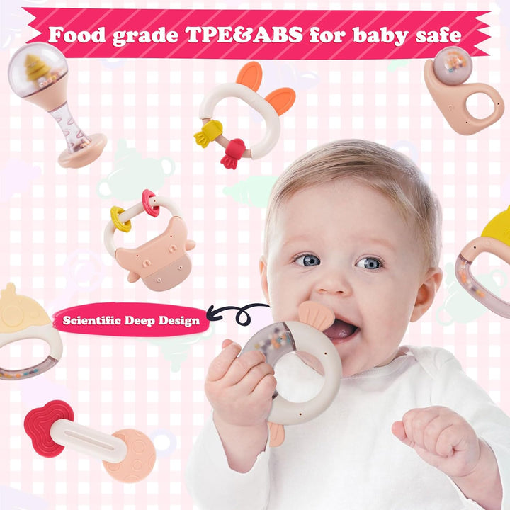 Rassel Beissring Set, 10PCs BPA_frei Silikon Baby Spielzeug, Rasseln Beissring für Babys 0-9 Monate,