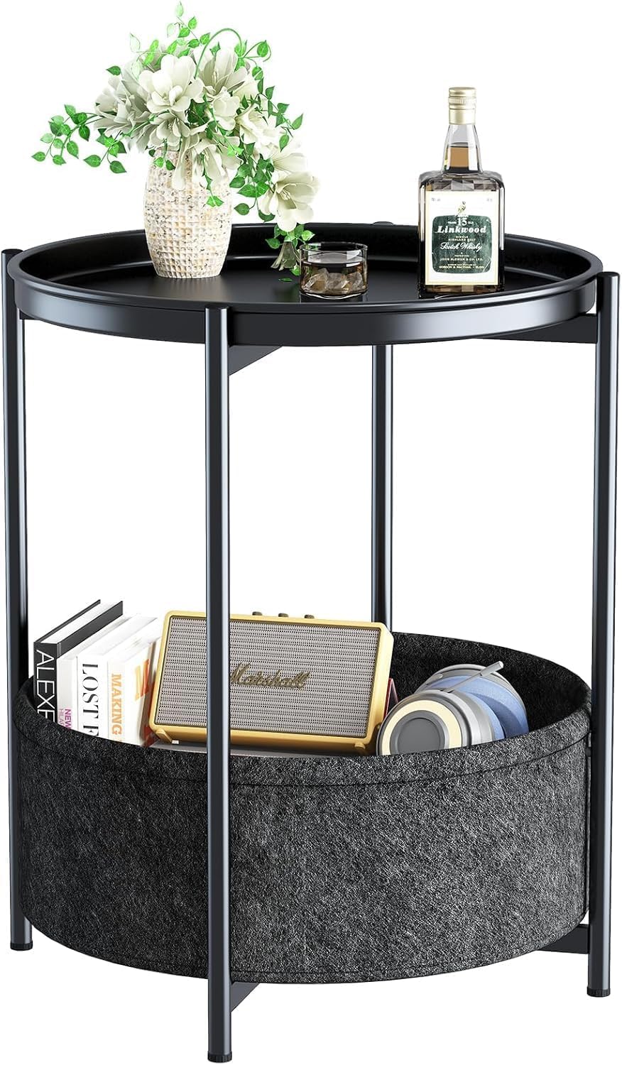 Beistelltisch Rund, Kleiner Tisch, Metall Balkontisch, Sofatisch 2 Ebenen, Couchtisch mit Korb aus S