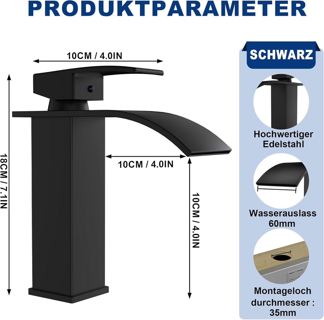 UISEBRT Wasserfall Wasserhahn Bad, Schwarz Waschtischarmatur Einhandmischer Armatur Waschbecken mit