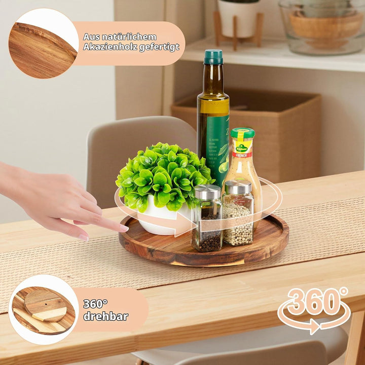 Drehbarer Organizer Lazy Susan | Rustikal Kuchen Serviertablett aus Akazien Holz 360° Drehbar | Küch
