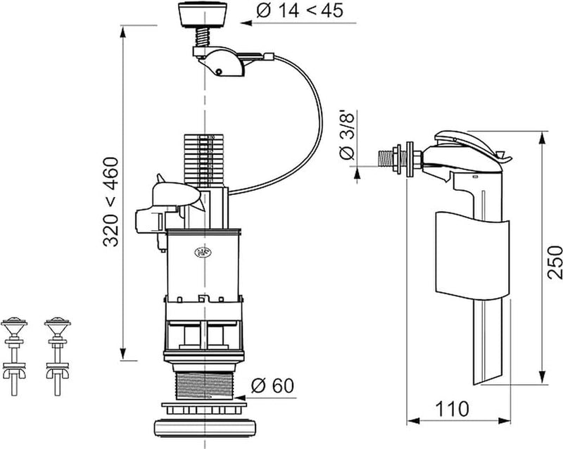 Wirquin MW90C Doppelspülmechanismus mit MW2 und Schwimmerventil mit seitlicher Zulassung F90, grau u