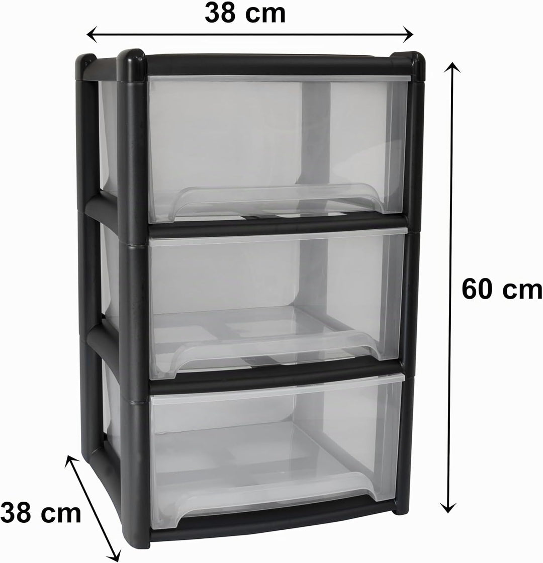 Schubladenbox 3 Schubladen 38x38x61cm schwarz-transparent Kunststoff Box Schwarz 3 Schubladen, Schwa