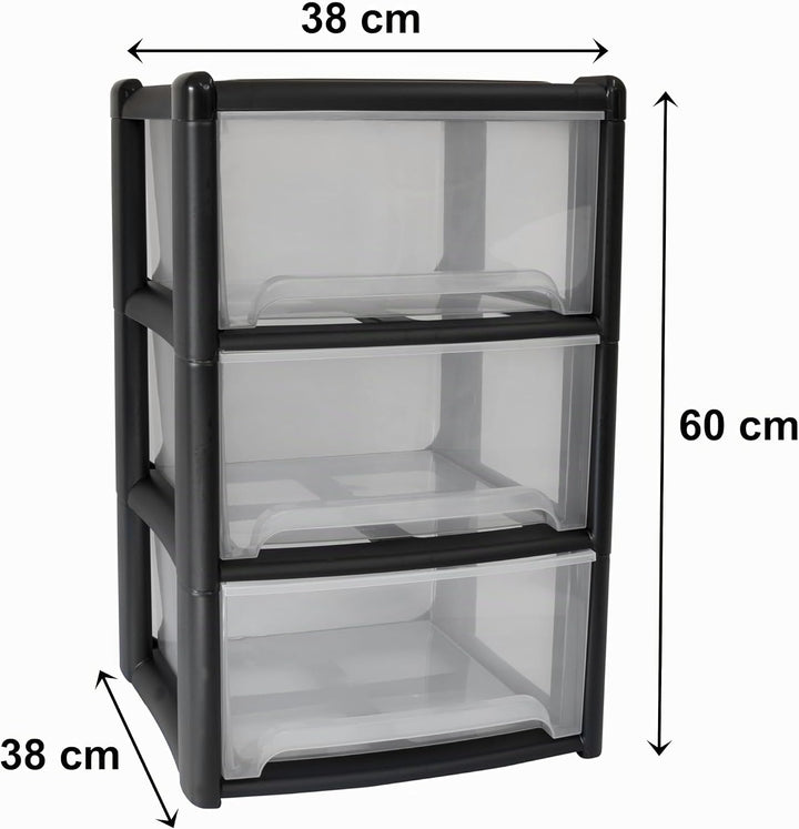 Schubladenbox 3 Schubladen 38x38x61cm schwarz-transparent Kunststoff Box Schwarz 3 Schubladen, Schwa