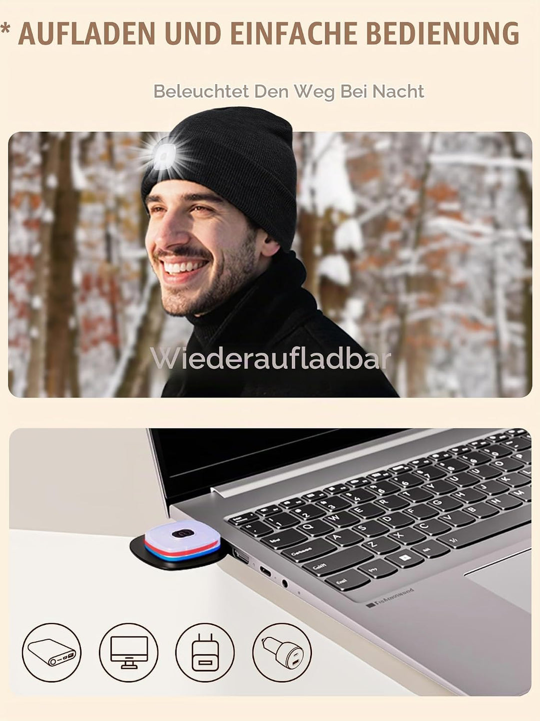 SPGOOD LED Beanie Beleuchtete Mütze mit Licht,Wiederaufladbare USB Winter Warm LED Mütze mit Licht,L
