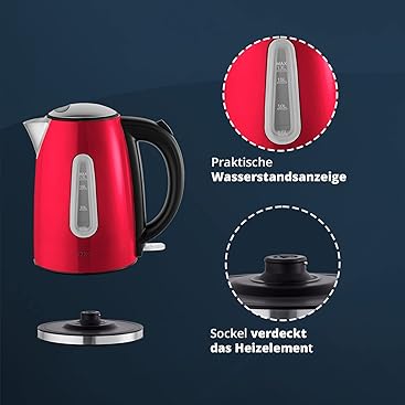 KHG Frühstücksset aus Wasserkocher & Toaster in Rot, Edelstahl Metallic Chrom, 1,7l Kapazität & 2 To