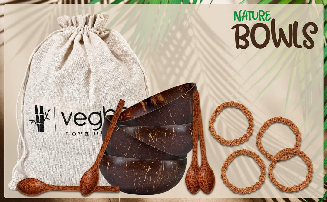 vegboo® Kokosnuss Schalen Set – 4er Set (14-teilig) mit Löffeln, Untersetzern & Jutebeutel – Handgef