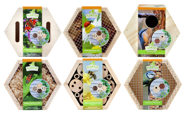 FLORTUS Set aus Insektenhotels, Vogelfutterhaus und Nistkasten im Set | Insektenhotels kombinierbar