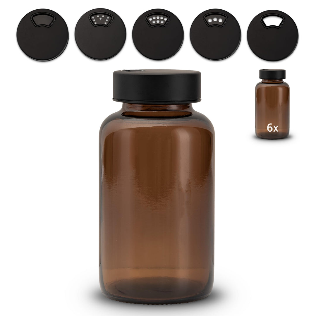 6 Stück Gewürzgläser – Premium Gewürzglas aus Braunglas | Gewürzstreuer Set | Gewürzdosen mit Deckel