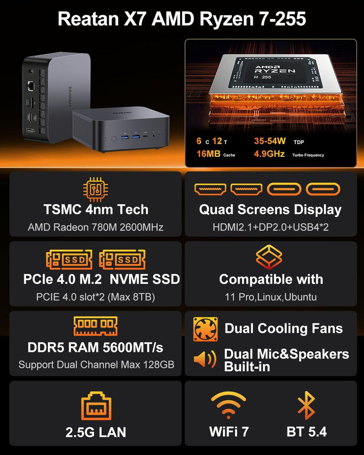 Reatan X7 Mini PC, AMD Ryzen 7 255(Beat 8745HS),48GB DDR5 2TB SSD M.2 2230 PCIE4.0, (8C/16T, bis zu
